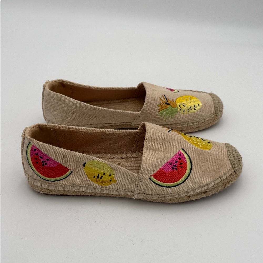 J. Crew Beige Espadrilles Fruit Embroidery canvas women 7.5 slip on beach vacay - Picture 3 of 8